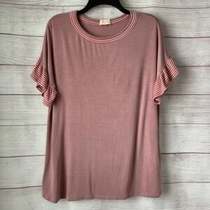 Hailey & Co Mauve Pink Short Sleeve Blouse with Striped Ruffle Cuffs Size L